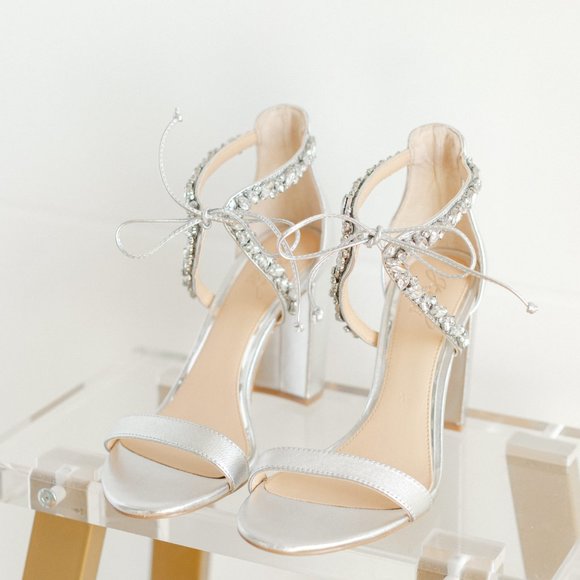 Jewel Badgley Mischka | Shoes | Jewel Badgley Mischka Silver Thamar Crystal  Strappy Block Heel Metallic 9 | Poshmark